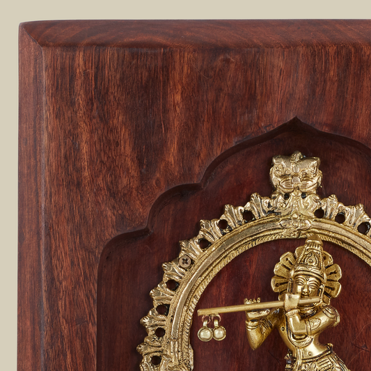Krishna Brass Idol with Prabhavali – Framed on Sheesham Wood