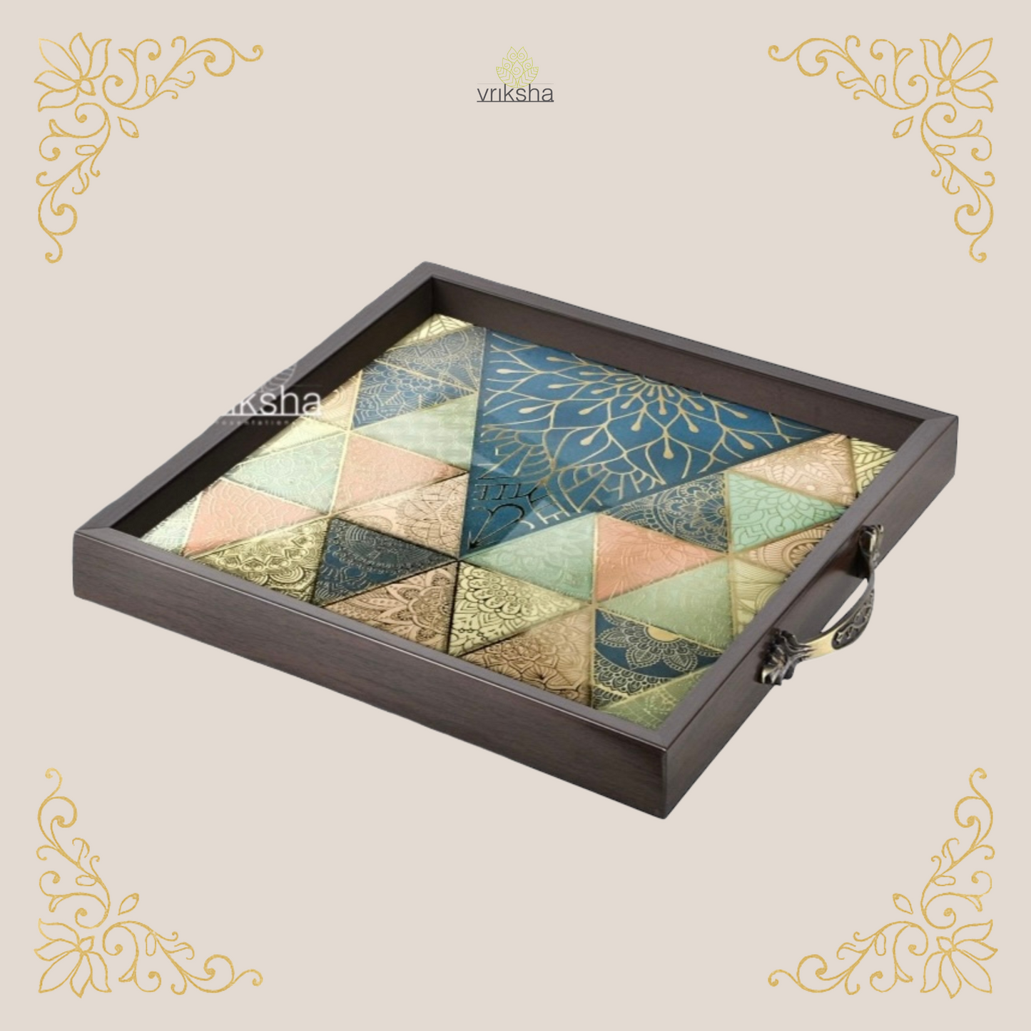 Ethnic Indian Serving Tray with Digital Print & Gold Metal Accents