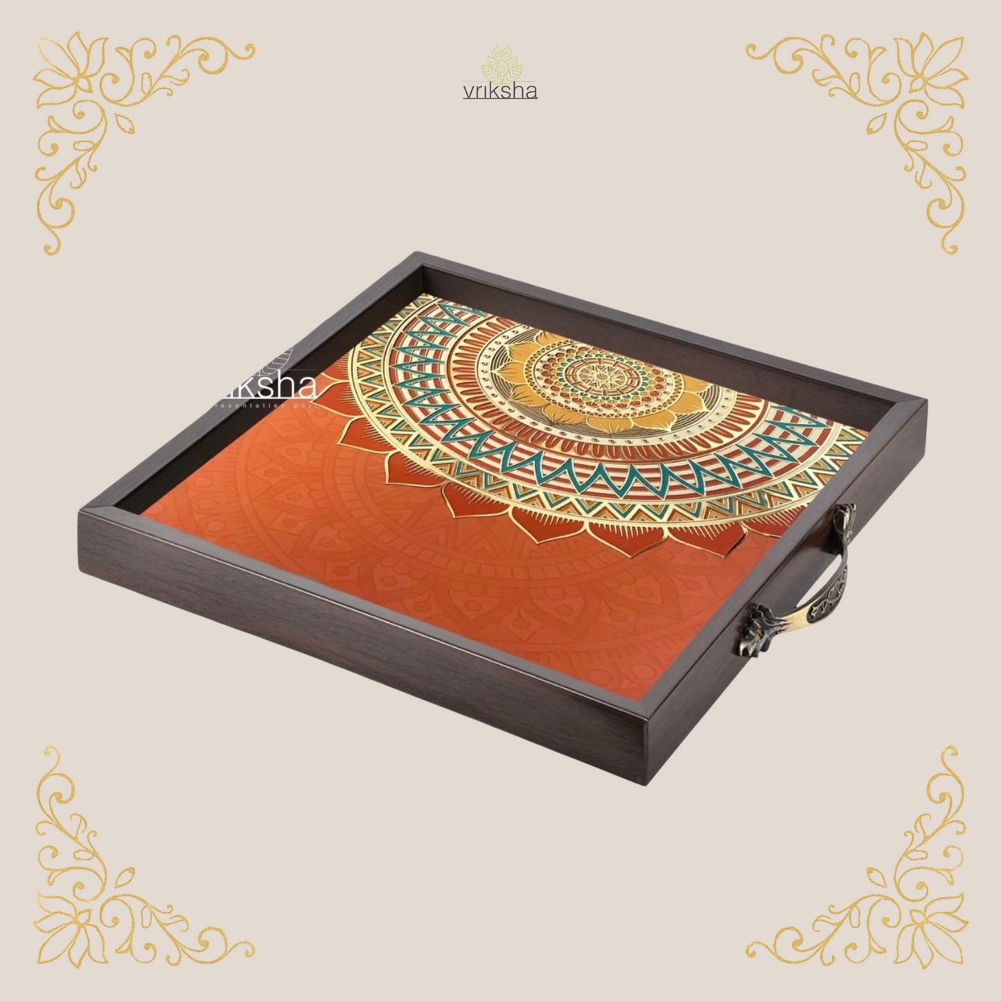 Ethnic Indian Serving Tray with Digital Print & Gold Metal Accents