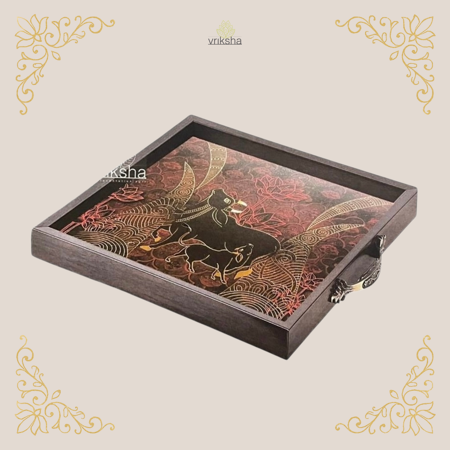 Ethnic Indian Serving Tray with Digital Print & Gold Metal Accents
