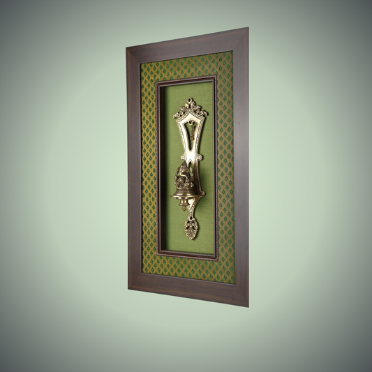 Lord Ganesha Brass Idol Framed on Raw Silk - W 16 in x H 24 in