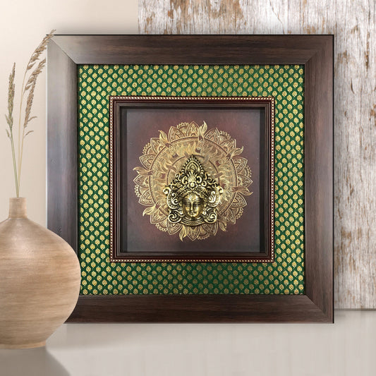 Various Brass Idols Framed on 24 carat Gold coated metal artwork and banaras Silk - W 15 in x H 15 in