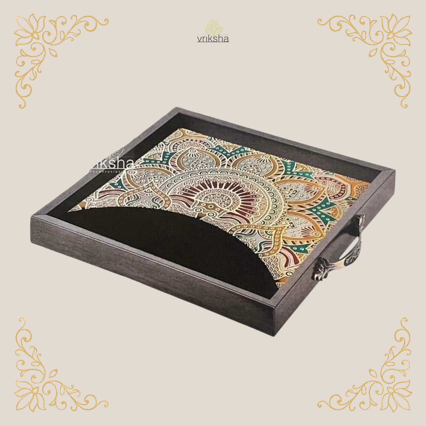 Ethnic Indian Serving Tray with Digital Print & Gold Metal Accents