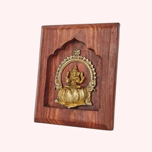 Ganesha Brass Idol on Lotus with Prabhavali – Framed on Sheesham Wood