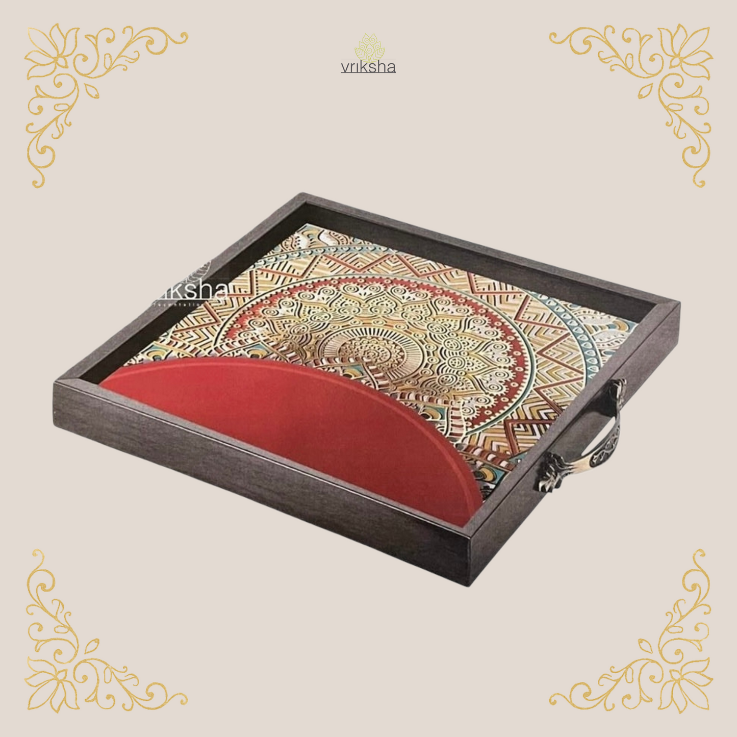 Ethnic Indian Serving Tray with Digital Print & Gold Metal Accents