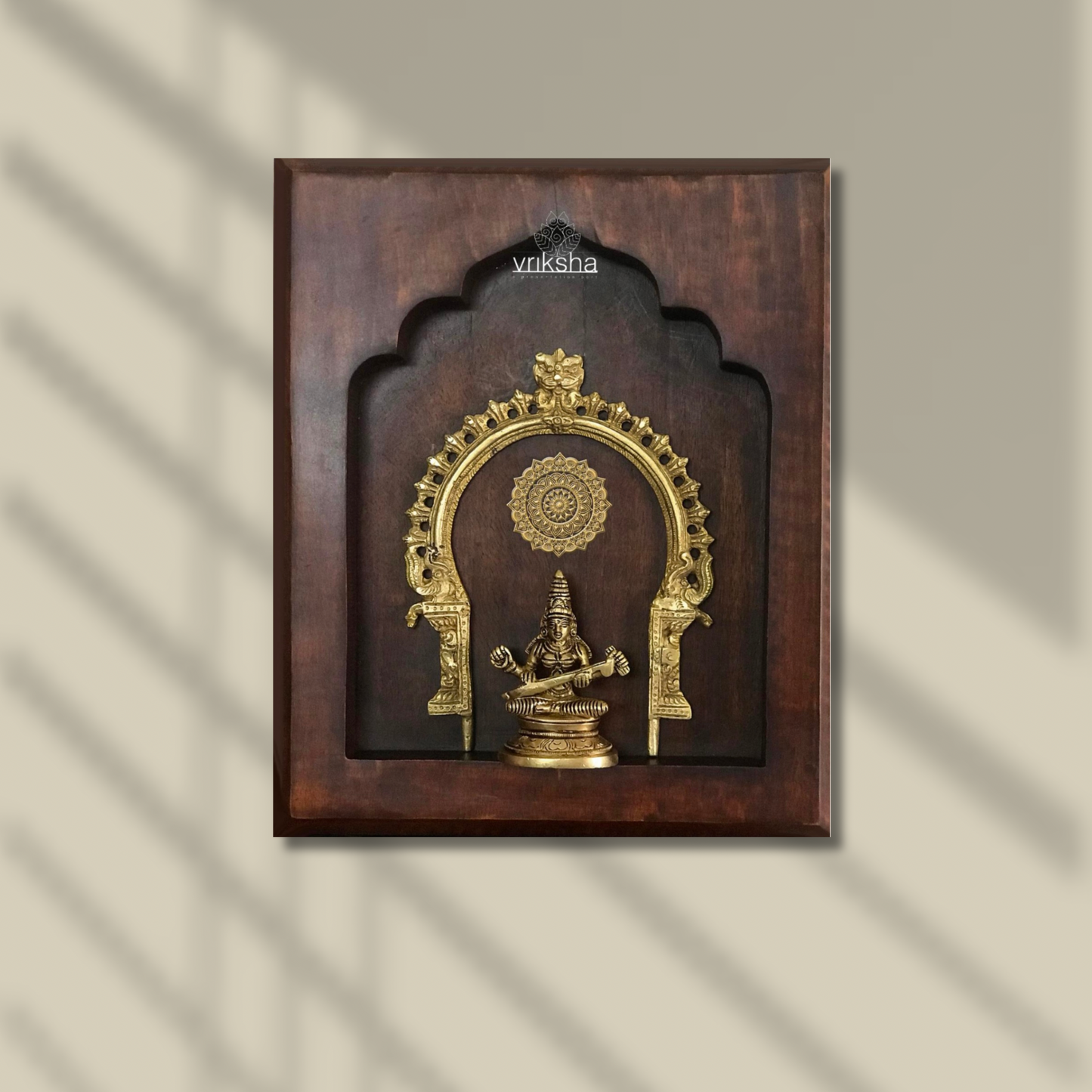Saraswati Brass Idol with Prabhavali – Framed on Sheesham Wood