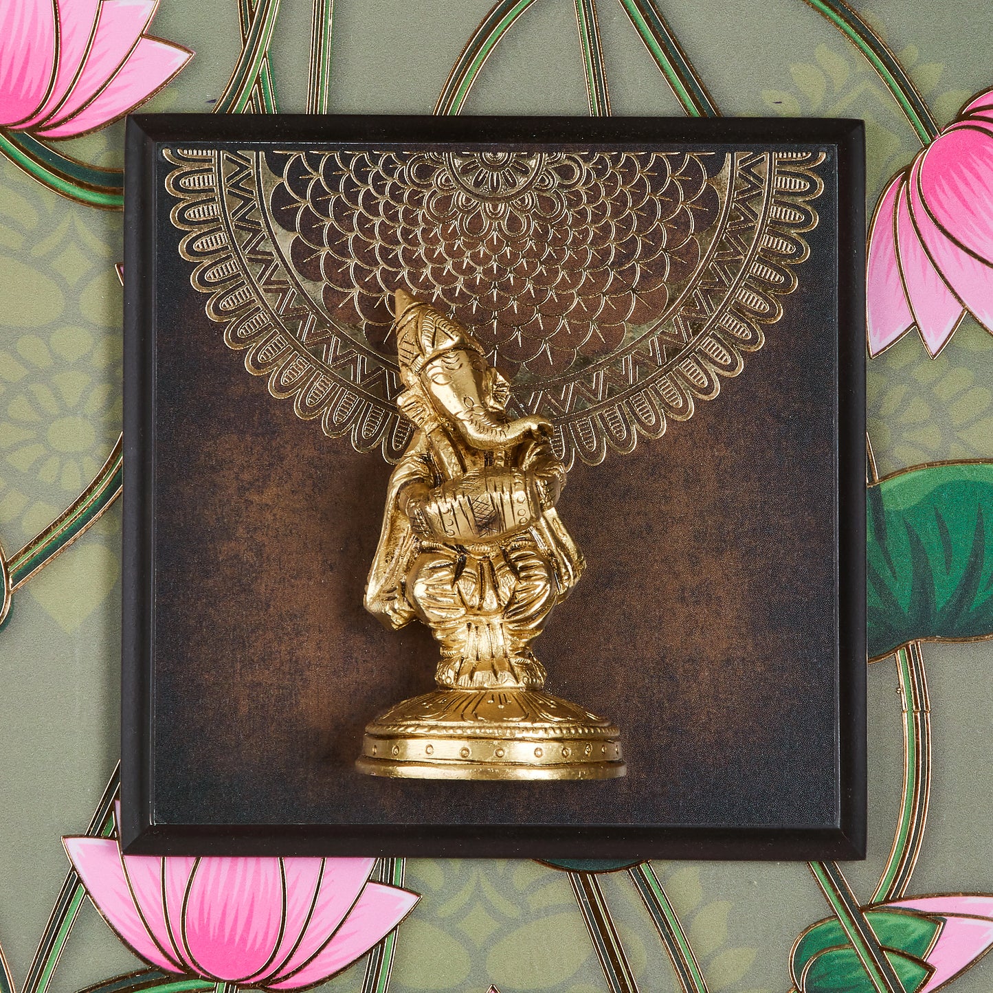 Ganesha Ensemble – Brass Idols Framed with 24K Gold-Coated Vines(14” x 45”)