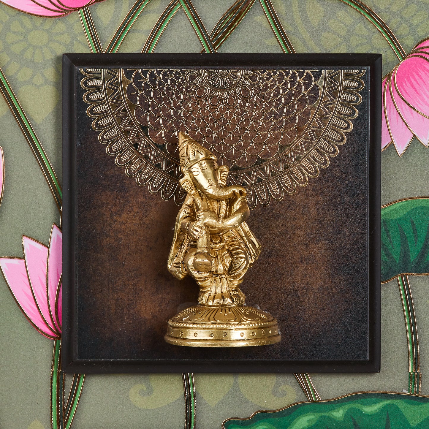 Ganesha Ensemble – Brass Idols Framed with 24K Gold-Coated Vines(14” x 45”)