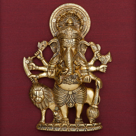 Kan Drishti Vinayagar (Kannu Dishti Ganapati) Brass Idol Framed on Raw Silk - W 16 in x H 18 in
