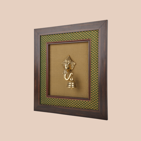 Lord Ganesha with Bell Brass Idol Framed on Raw Silk - W 16 in x H 18 in