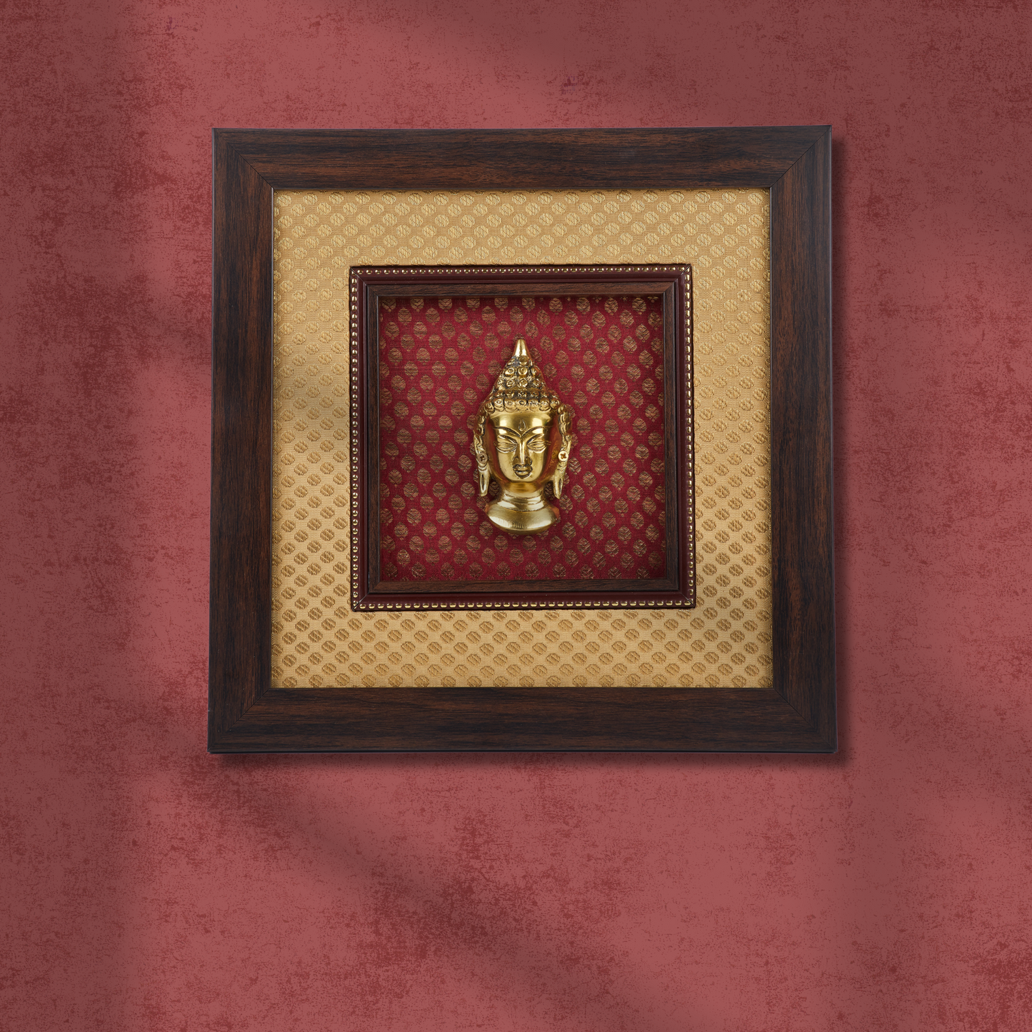 Buddha Framed on Raw Silk & banaras brocade - W 12 in x H 12 in