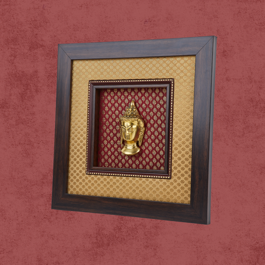 Buddha Framed on Raw Silk & banaras brocade - W 12 in x H 12 in
