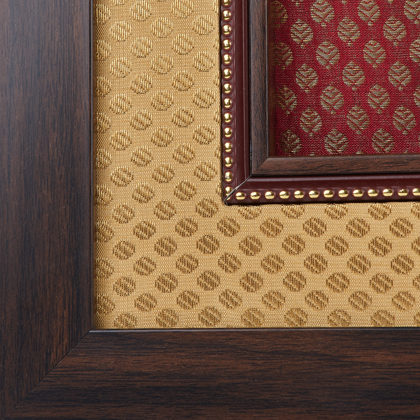 Buddha Framed on Raw Silk & banaras brocade - W 12 in x H 12 in