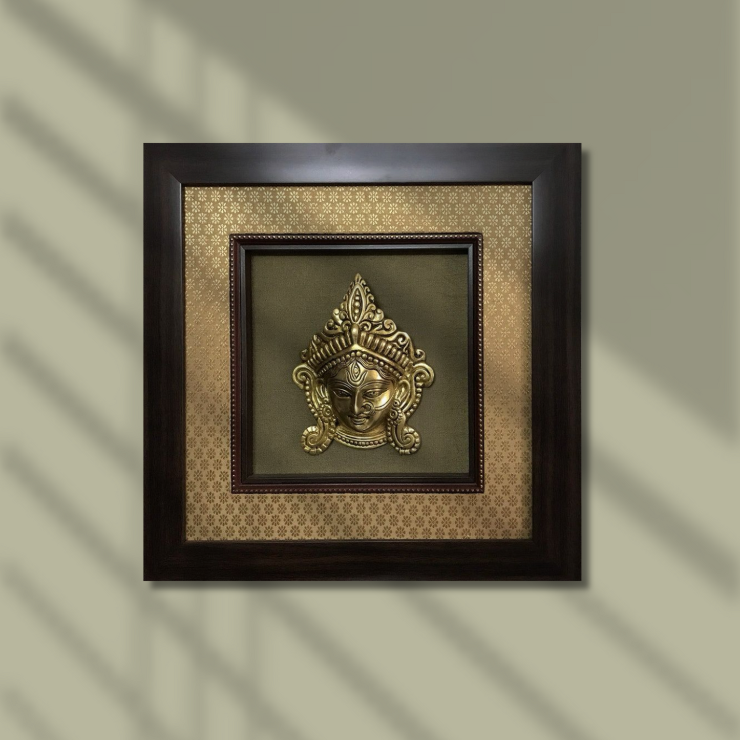 Goddess Durga Brass Idol Framed on Silk - W 16 in x H 16 in