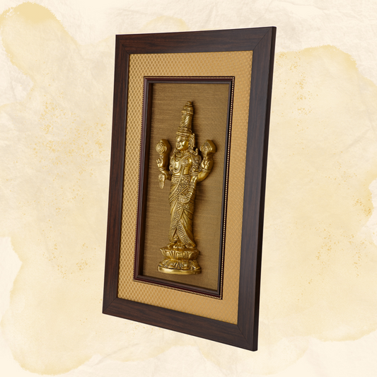 Lord Venkateshwara Brass Idol Framed on Raw Silk & banaras brocade