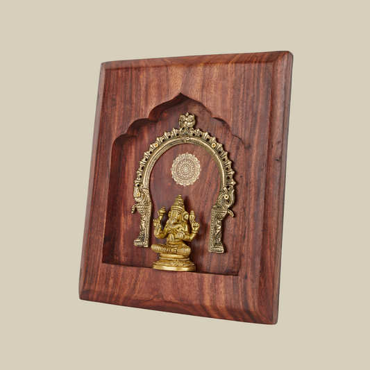 Ganesh Brass Idol with Prabhavali – Framed on Sheesham Wood