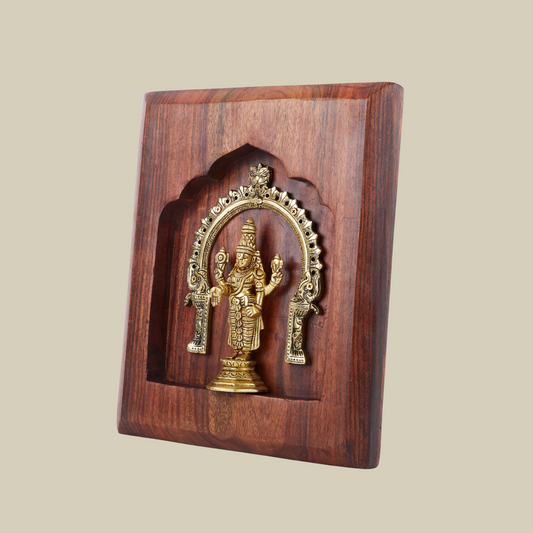 Venkateshwara Brass Idol with Prabhavali – Framed on Sheesham Wood