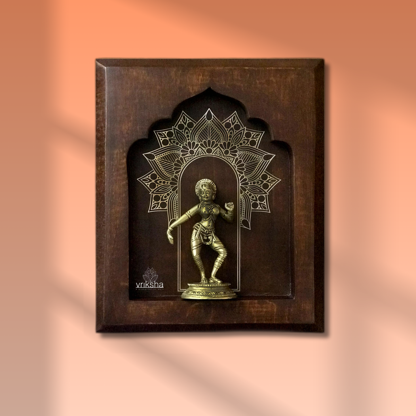 Apsaras 002 – Brass Idol on Walnut Sheesham Frame with 24K Gold Art (10"x12")