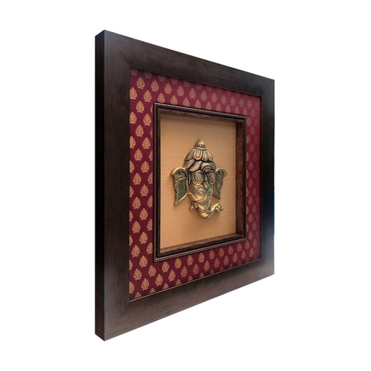 Lord Ganesha Brass Idol Framed on Raw Silk - W 16 in x H 16 in