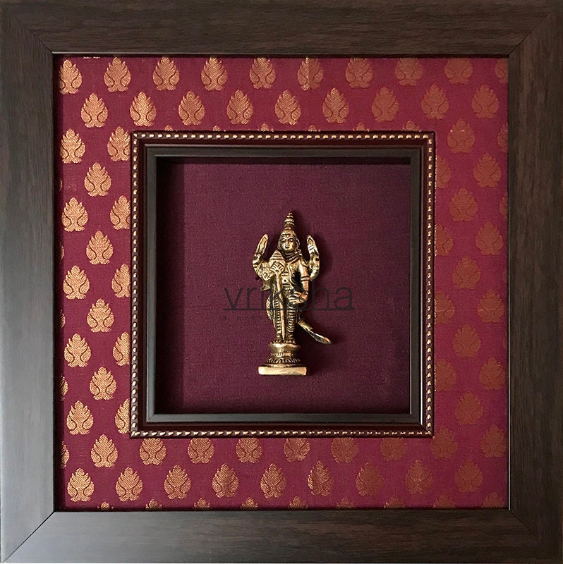 Various God Series - Brass Idol Framed on Raw Silk & banaras brocade - W 12 in x H 12 in