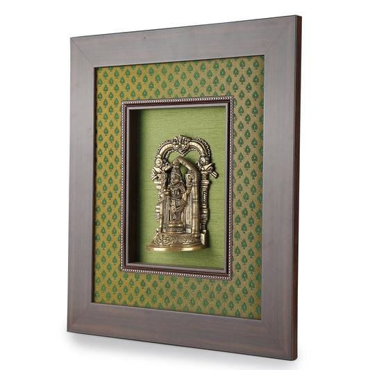 Lord Venkateshwara (Perumal) Brass Idol Framed on Raw Silk - W 16 in x H 18