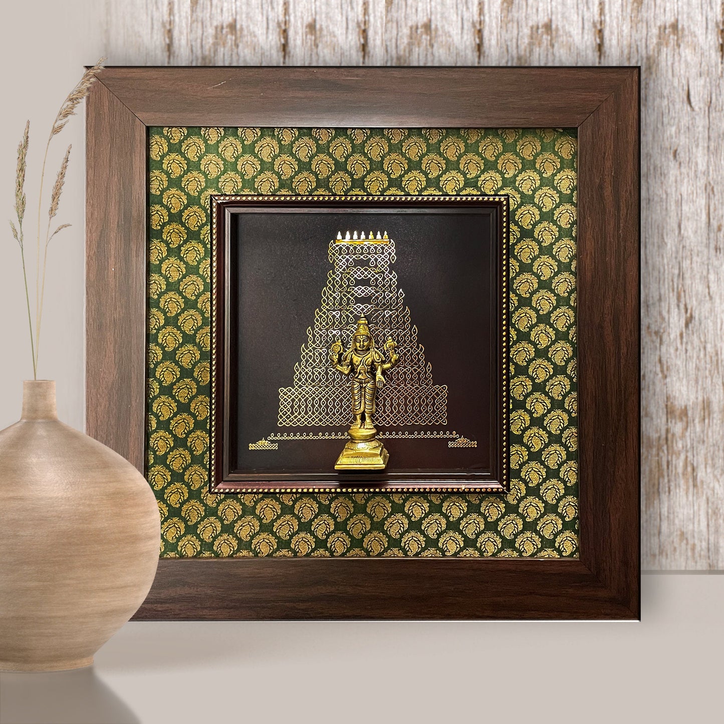 Various Brass Idols Framed on 24 carat Gold coated metal artwork and banaras Silk - W 15 in x H 15 in