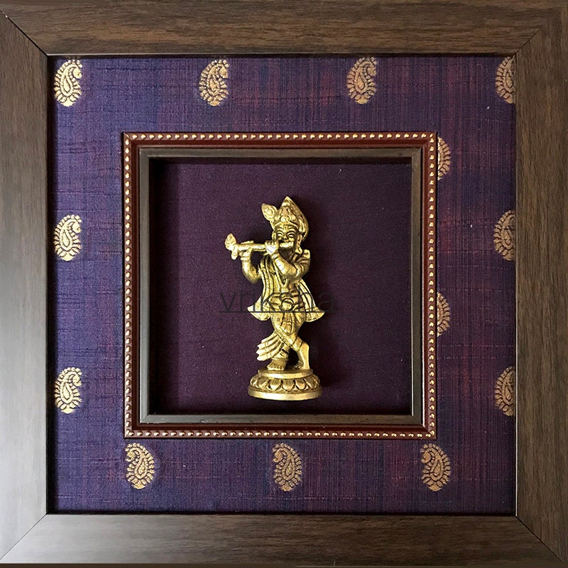 Various God Series - Brass Idol Framed on Raw Silk & banaras brocade - W 12 in x H 12 in
