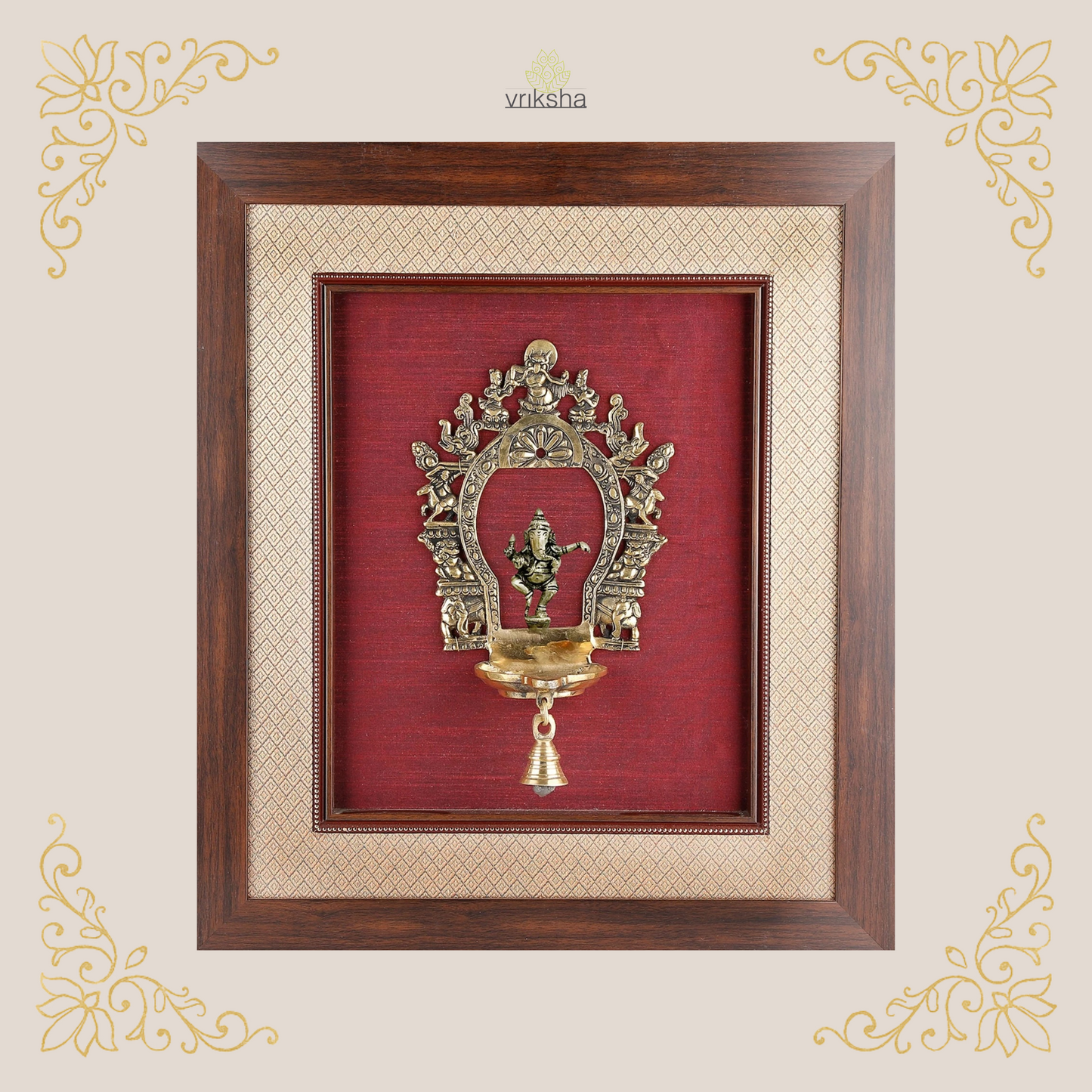 Brass Prabhavali diya - Framed on Raw Silk - W 18 in x H 20 in
