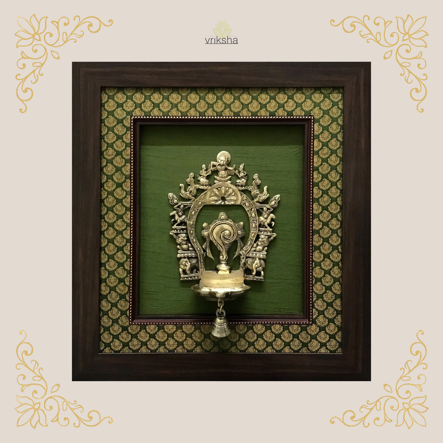 Brass Prabhavali diya - Framed on Raw Silk - W 18 in x H 20 in