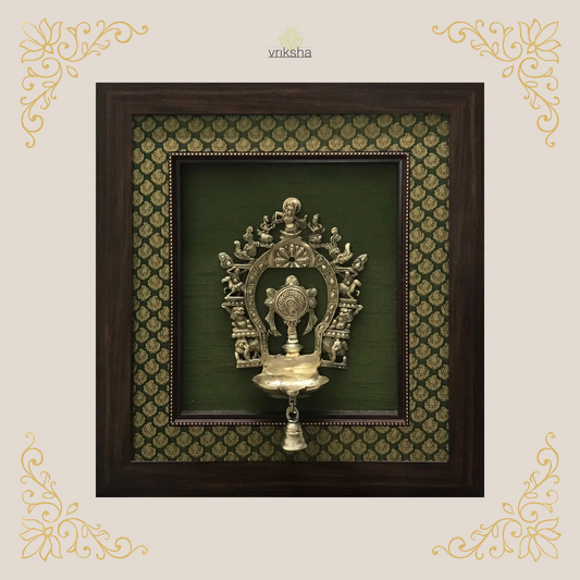 Brass Prabhavali diya - Framed on Raw Silk - W 18 in x H 20 in