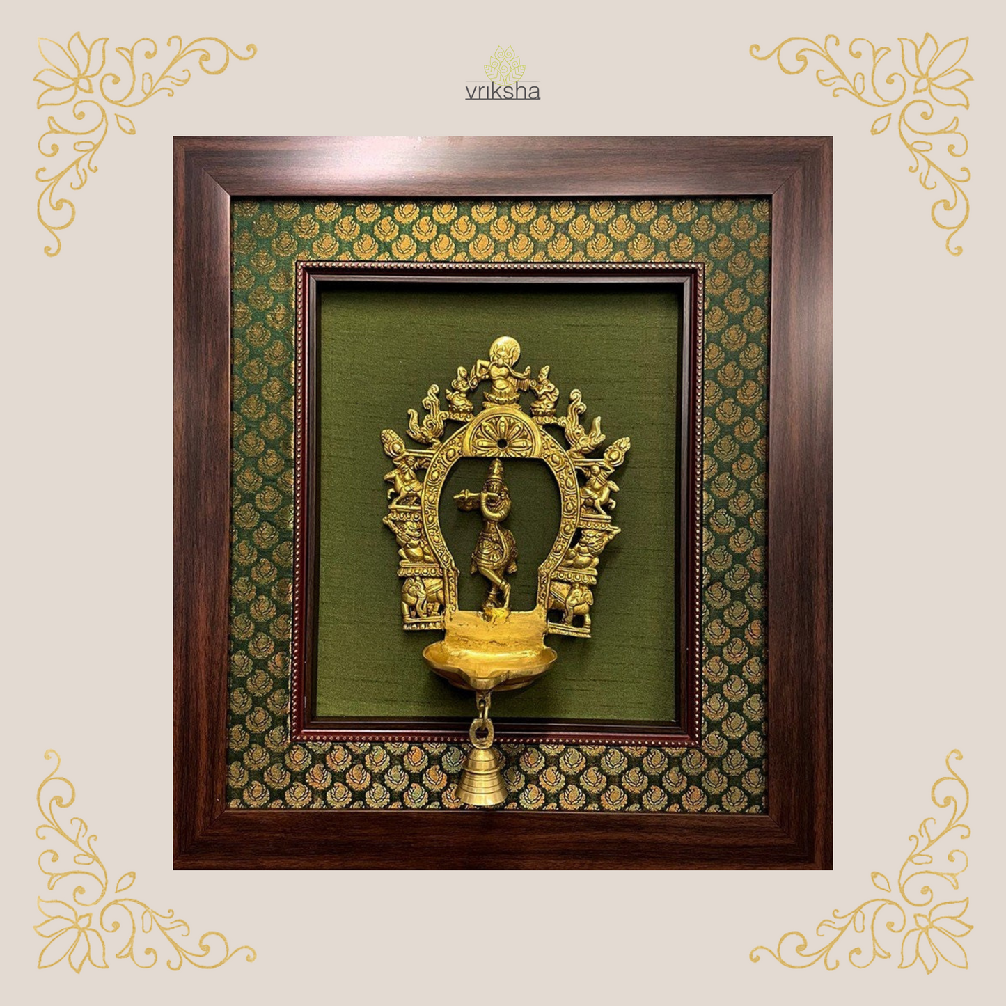Brass Prabhavali diya - Framed on Raw Silk - W 18 in x H 20 in