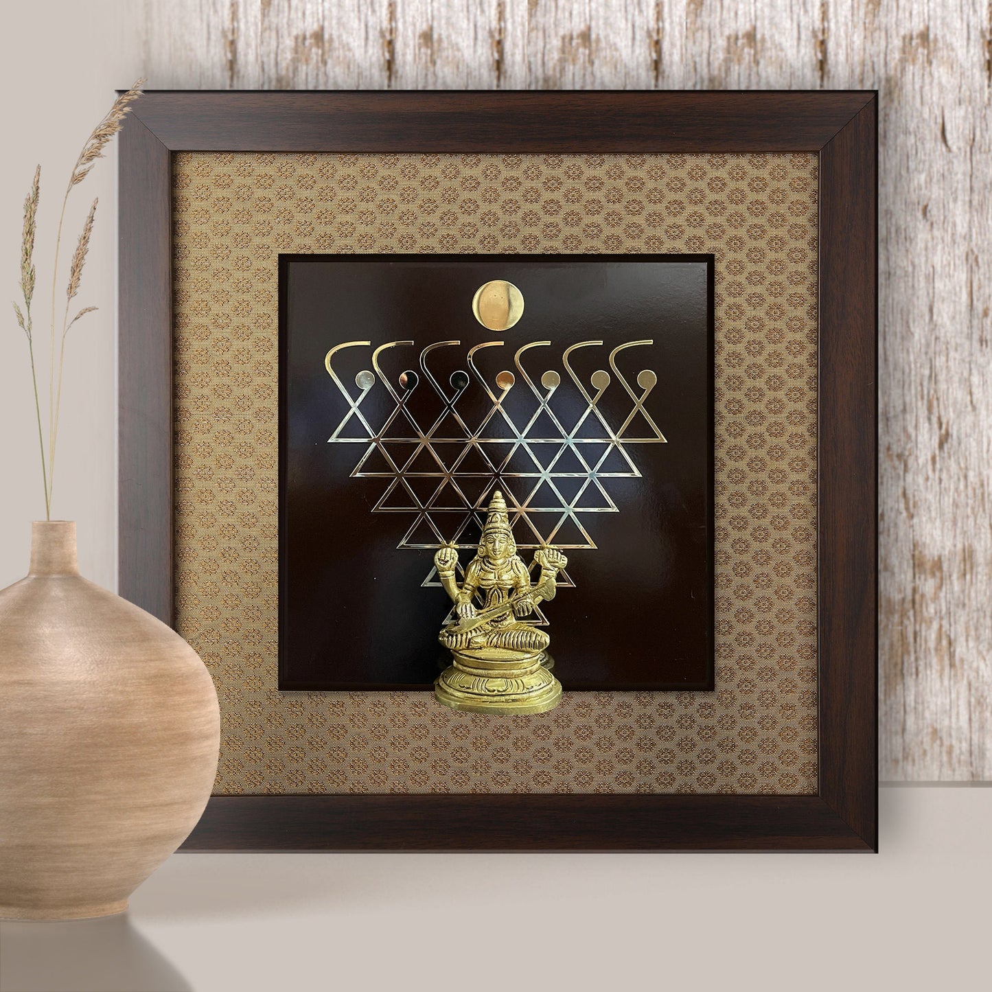 Various Brass Idols Framed on 24 carat Gold coated metal artwork and banaras  Silk - W 15 in x H 15 in