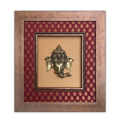 Lord Ganesha Brass Idol Framed on Raw Silk - W 16 in x H 16 in