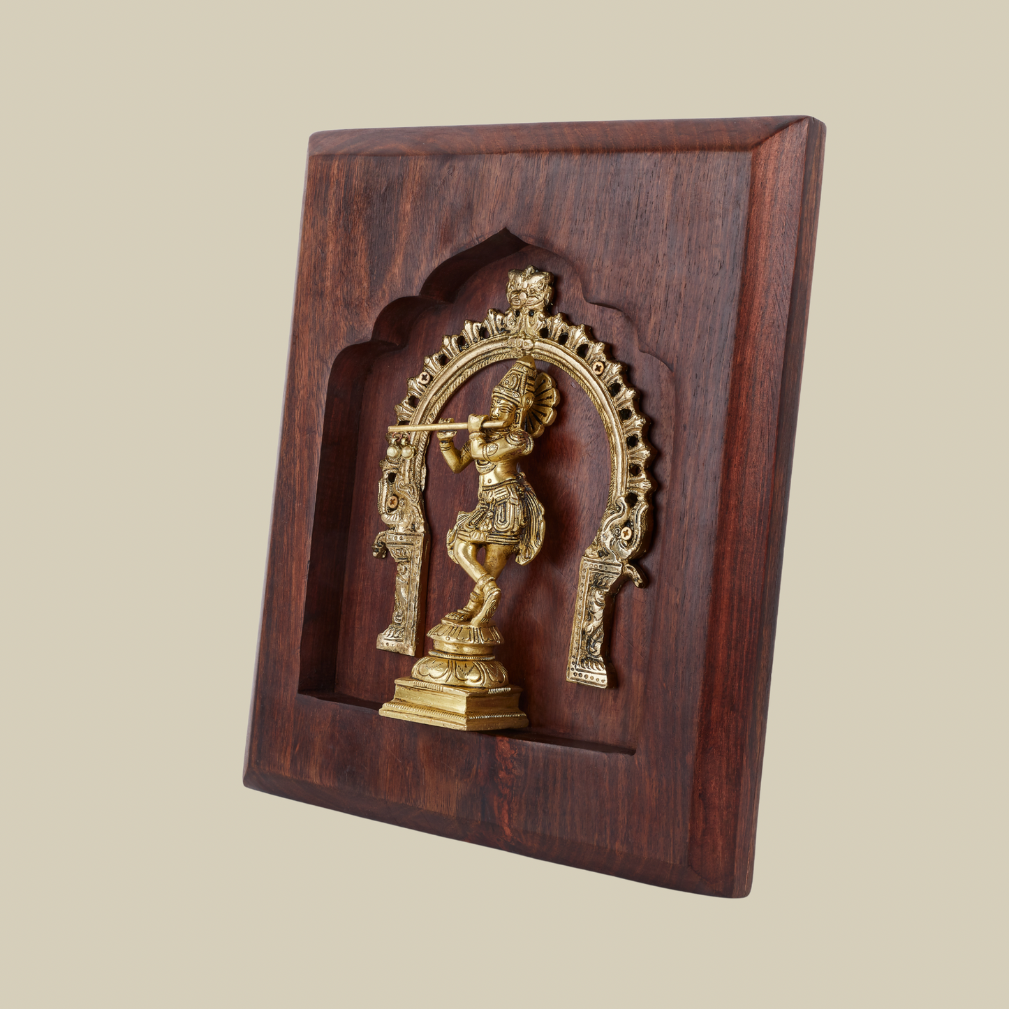 Krishna Brass Idol with Prabhavali – Framed on Sheesham Wood