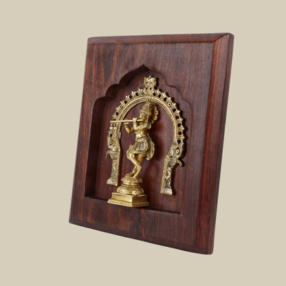 Krishna Brass Idol with Prabhavali – Framed on Sheesham Wood