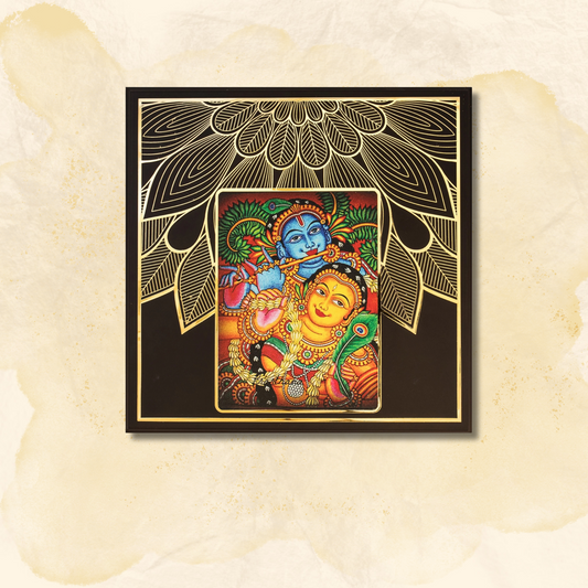 Lord Krishna with a flute - Gold Metal Art - W 12 in x H 12 in