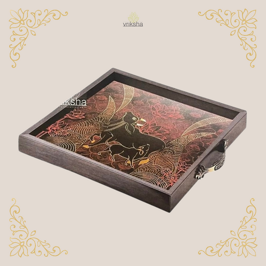 Ethnic Indian Serving Tray with Digital Print & Gold Metal Accents