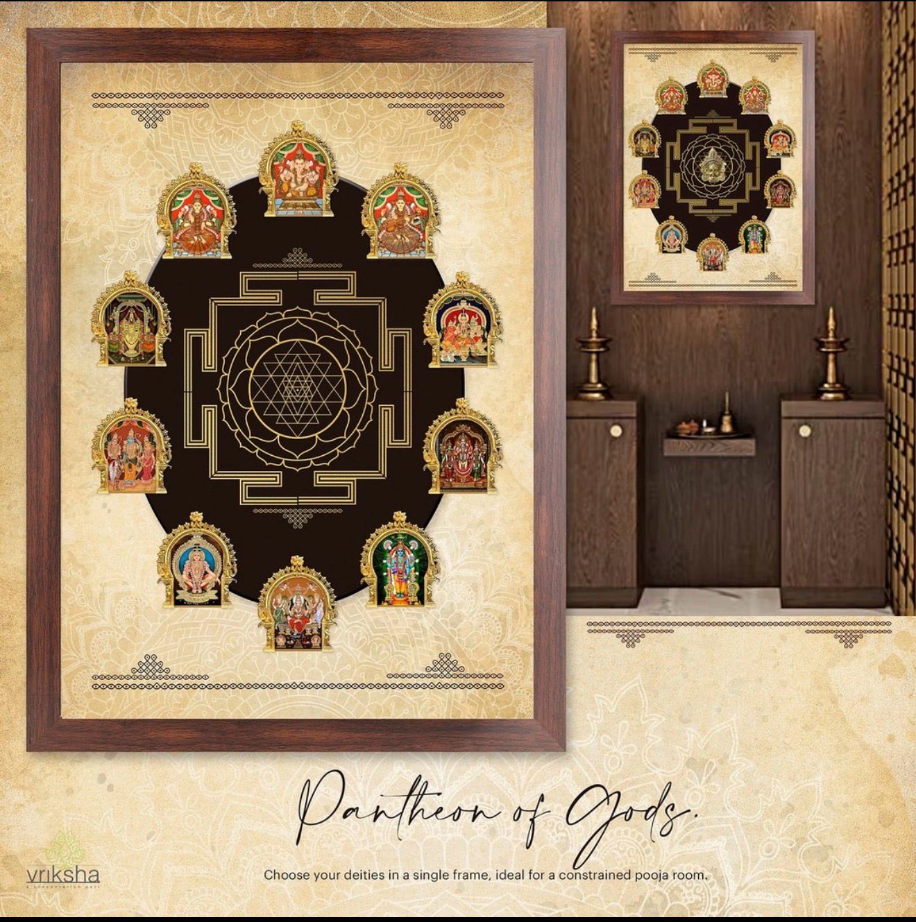 Pantheon of Gods – 3’ × 4’ Framed Art with Brass Prabhavali & 24K Gold-Coated Shree Yantra