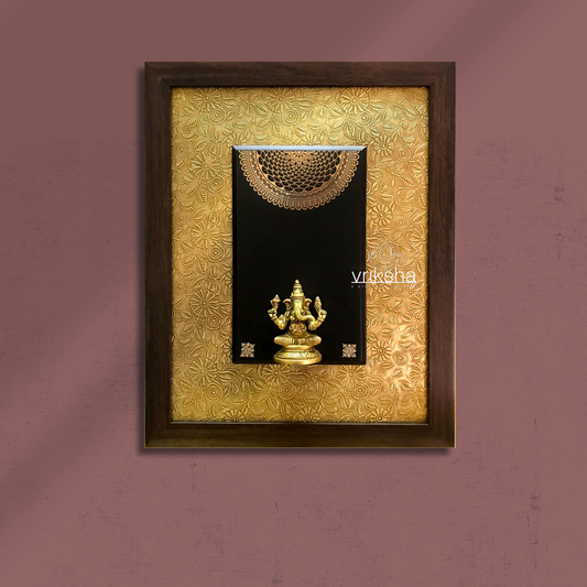 Lord Ganesha Brass Idol with 24K Gold Metal Art – Framed on Brass-Inlaid Wood - W 14 in x H 18 in