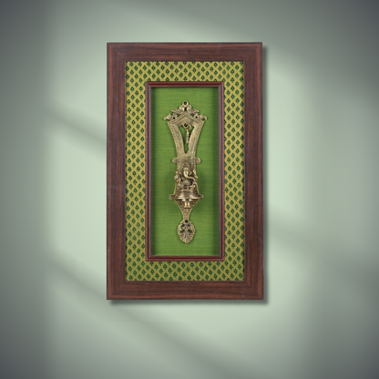 Lord Ganesha Brass Idol Framed on Raw Silk - W 16 in x H 24 in