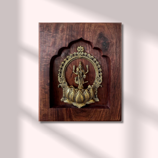 Murugan Brass Idol on Lotus with Prabhavali – Framed on Sheesham Wood
