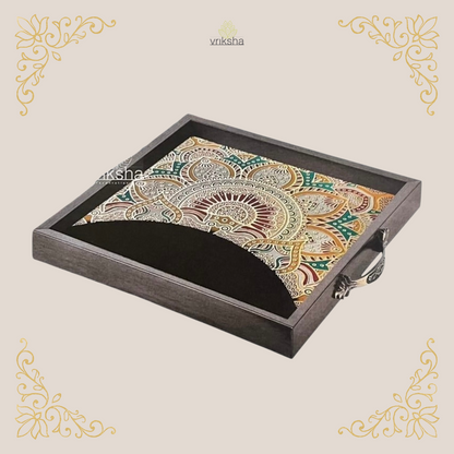 Ethnic Indian Serving Tray with Digital Print & Gold Metal Accents