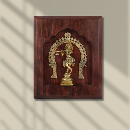 Krishna Brass Idol with Prabhavali – Framed on Sheesham Wood
