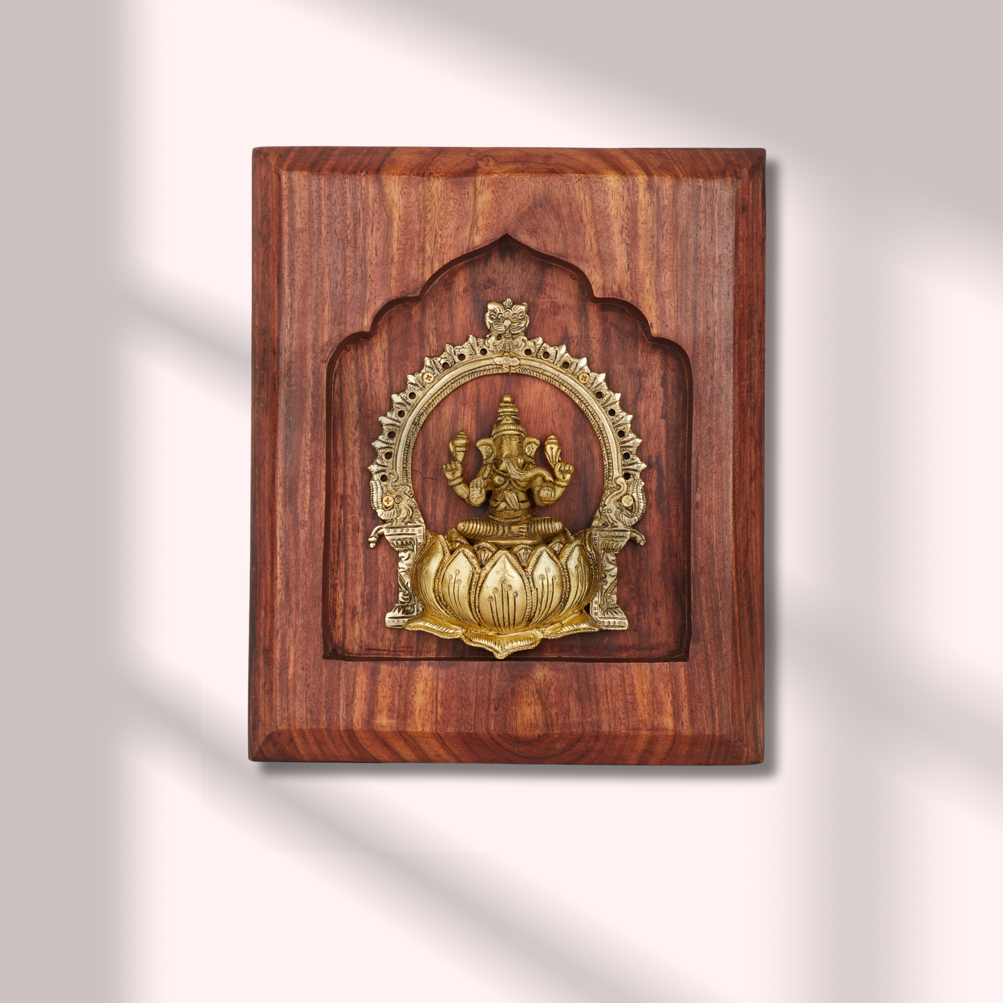 Ganesha Brass Idol on Lotus with Prabhavali – Framed on Sheesham Wood