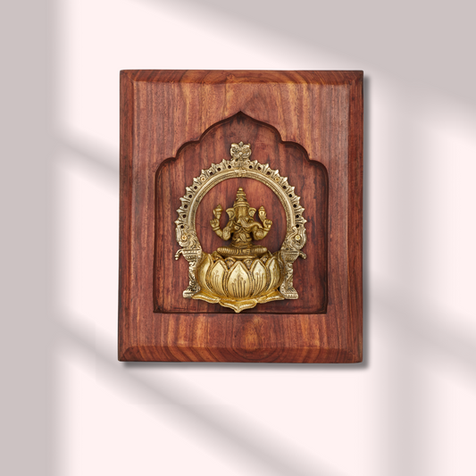 Ganesha Brass Idol on Lotus with Prabhavali – Framed on Sheesham Wood