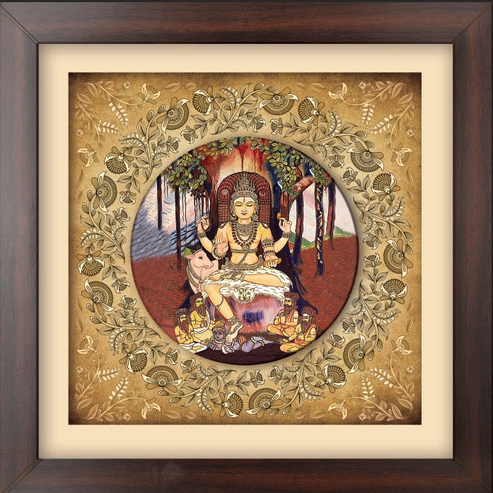 Dhakshina Moorthi – 24” × 24” Framed Art with Gold-Outlined Floral Design