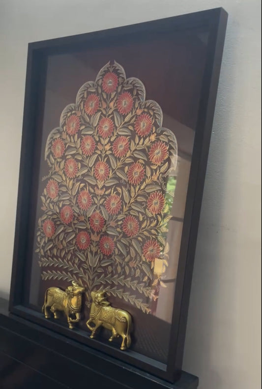 Tree of Life with a Pair of Cows – 24K Gold Embellished Art (18x26”)