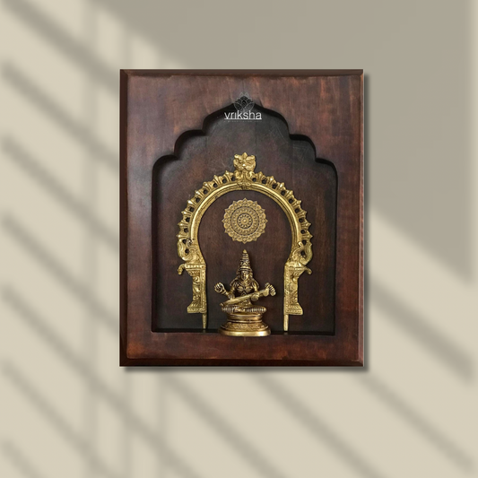 Saraswati Brass Idol with Prabhavali – Framed on Sheesham Wood