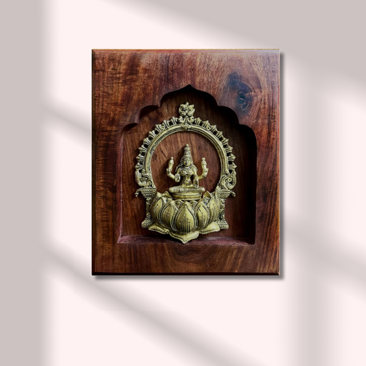 Lakshmi Brass Idol on Lotus with Prabhavali – Framed on Sheesham Wood