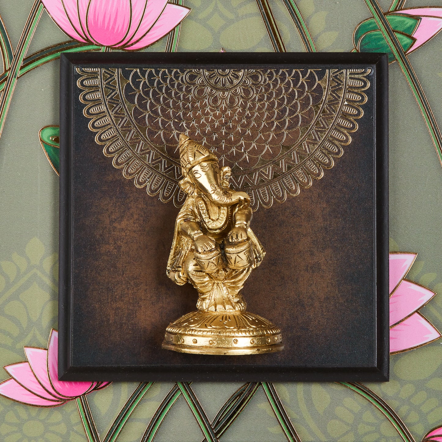 Ganesha Ensemble – Brass Idols Framed with 24K Gold-Coated Vines(14” x 45”)